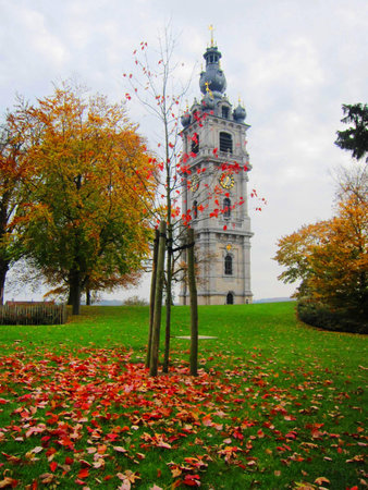 the baroque bell tower height of 81 m. mons, belgiumの写真素材