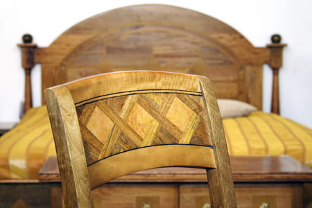 Back of brown wood ornament seat detailの写真素材