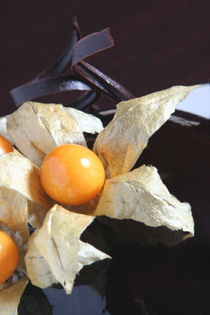 Dessert cake on plate jelly detail in brown colorの写真素材