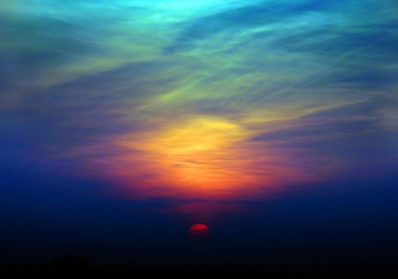 Red blue sunset sky with cloudの写真素材