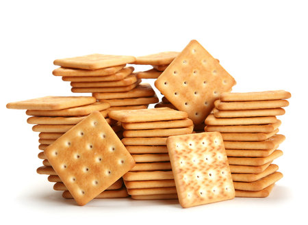 Salt square crackers group closeup on whiteの写真素材