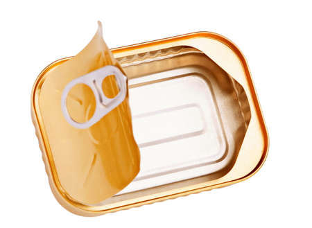 Open metal can for presered food on whiteの写真素材