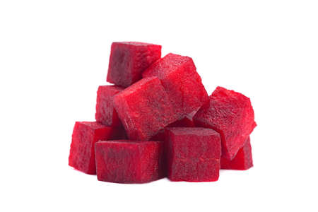 Beetroot cube slice closeup isolated on white backgroundの写真素材