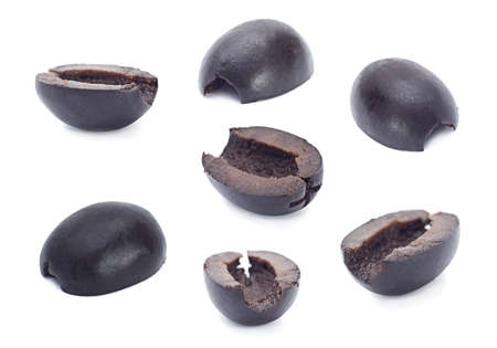 Marinated black olive closeup isolated on white backgroundの写真素材