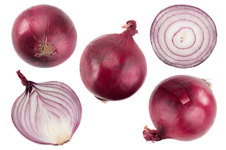Purple onion vegetable set isolated on white backgroundの写真素材