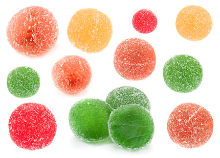 Candied round fruit jelly collection isolated on white backgroundの写真素材