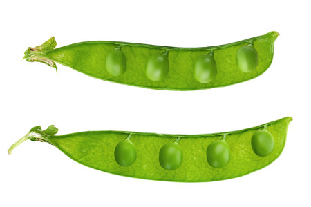 Young grean peas closeup isolated on white backgroundの写真素材