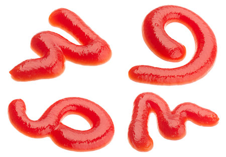 Ketchup sauce splash collection isolated on whiteの写真素材
