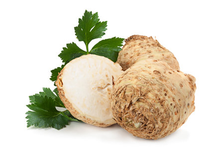 Celery root with leaf isolated on white background
