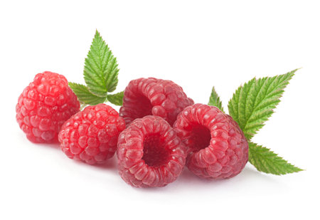 Raspberry fruit with leaf closeup isolated on white 