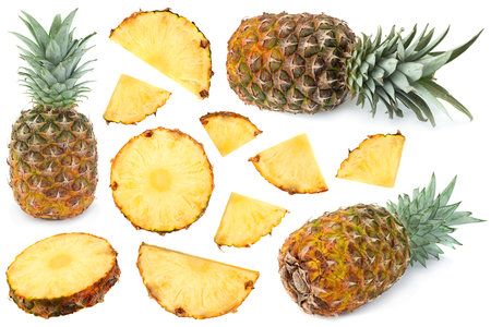 Ripe Pineapple tropical fruit closeup set isolated on whiteの写真素材