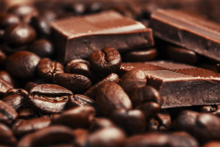 Broken chocolate bar and spices on wooden table.の写真素材