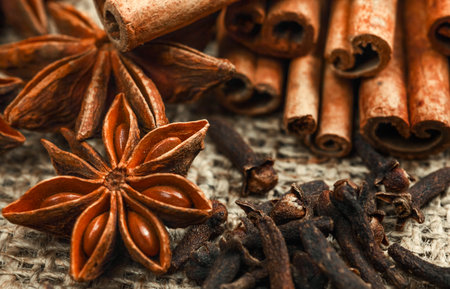 Spices and herbs. Food and cuisine ingredients. Cinnamon sticks, anise stars,  Cloves on textured backgroundの写真素材