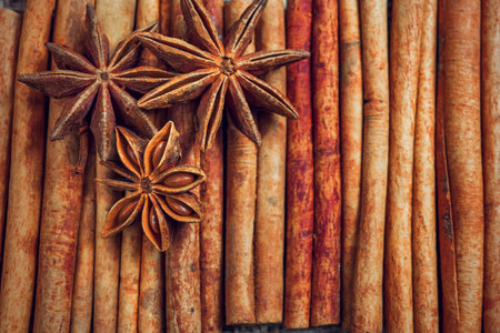 Spices and herbs. Food and cuisine ingredients. Cinnamon sticks, anise stars,  Cloves on textured...