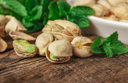 Bowl with pistachios on a wooden table.の写真素材