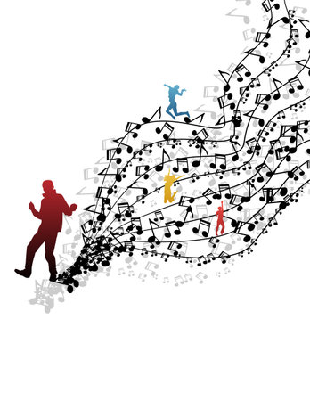 Easy to edit vector illustration of wavy musical notes with dancerのイラスト素材