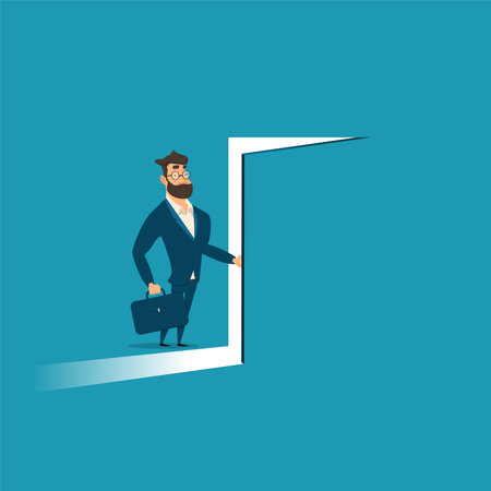 Opening the secret door. Business dilemma. Businessman looking at the rotating business icons. Business illustrationのイラスト素材