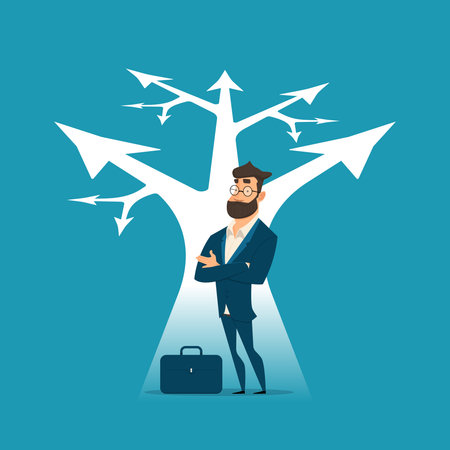 Decision. Businessman looks at arrows pointing to many directions. Concept business vector illustrationのイラスト素材