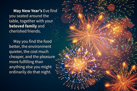 Happy New Year. Merry Christmas. XMAS. Postcard with festive fireworks. Vector illustration