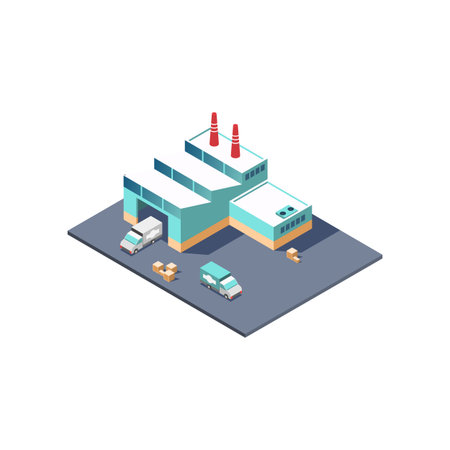 Public city transport isometric city buildings with images of different municipal and private buildingsのイラスト素材