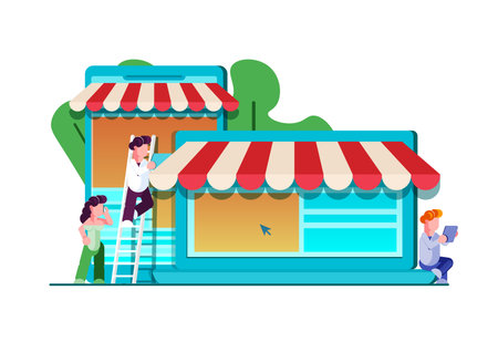 Team of people building or designing computer app. Website application creative design development concept. Teamwork strategy. Flat. Vector illustration. - Vector illustrationのイラスト素材