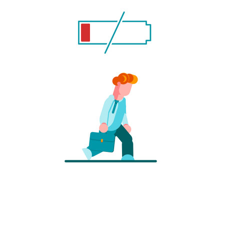 Tired businessman slowly walking with low energy battery. Business concept. Flat vector illustration. - Vector illustrationのイラスト素材
