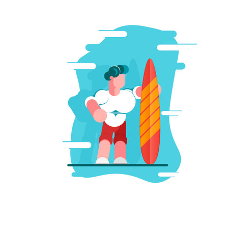 Surfer on vacation. Athlete with a surfboard. Relax on the beach. Modern vector illustration. - Vector illustrationのイラスト素材