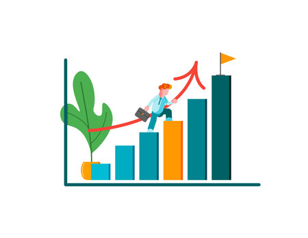 Man runing to their goal on the column of columns, move up motivation, the path to the target's achievement. Modern vector illustration. - Vector illustrationのイラスト素材