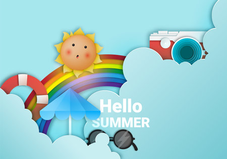 Hello summer with cute sunny and paper art sky background and pastel color scheme vector illustration.のイラスト素材