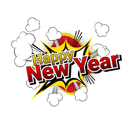 Happy new year Comic book style words isolated on white background.のイラスト素材