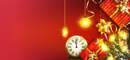 Christmas banners set with fir branches decorated with ribbons, balls and garlands. With snow frames on red background. Festive header design for your site. - Vector illustrationのイラスト素材
