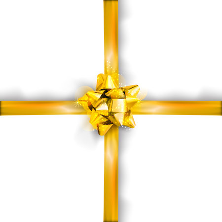Realistic gold bow with ribbon isolated in white background. Decoration for a gift box, greeting cards. Vector illustration. - Vector illustrationのイラスト素材