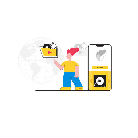 Man listening favorite media files vector illustration. Cartoon guy standing near modern gadgets and pressing button play flat style concept. - Vector illustrationのイラスト素材