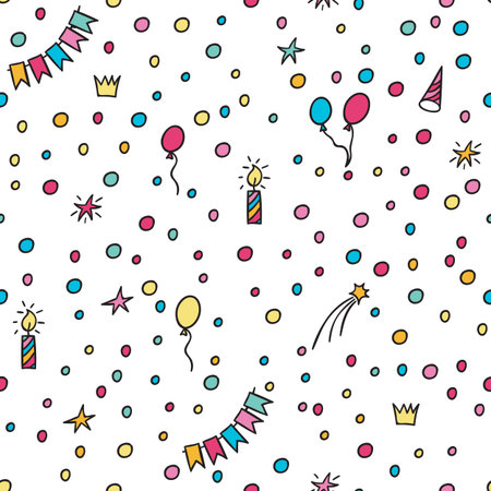 Hand drawn party doodle happy birthday party background. With air balloons, candles, stars, and bunting flags garlands. - Vector illustrationのイラスト素材