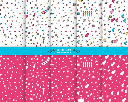 Set patterns hand drawn party doodle happy birthday background. With air balloons, candles, stars, gifts, confetti, and bunting flags garlands. - Vector illustrationのイラスト素材