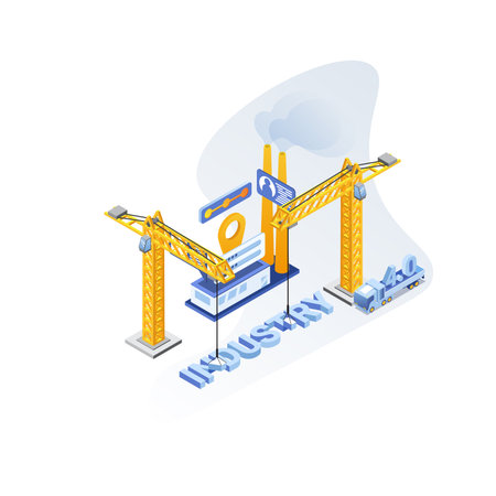 Smart industry 4.0 isometric illustration. Internet of things technology. Efficient smart factory with workers and robots.のイラスト素材