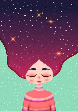 Girl with closed eyes. Night sky in hair - Vector illustrationのイラスト素材