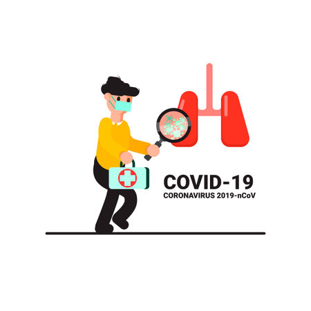 COVID-19 or corona virus. A virus that has caused lung damage to death and is spreading heavily in worldwide. Doctor treats infectious diseasesのイラスト素材