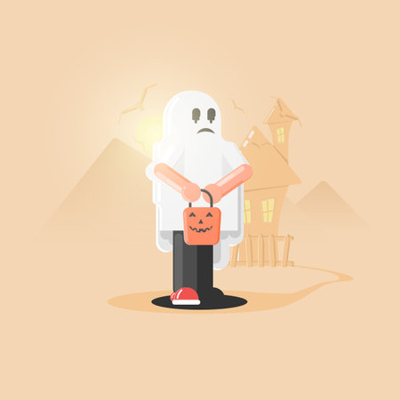 Halloween costume. Halloween ghost costume. Man in a ghost costume stands and holds a bucket. - Vector illustrationのイラスト素材