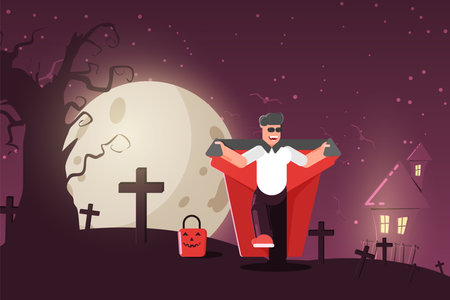 Halloween costume. Vampire costume for Halloween. Man in a suit of vampire and scares others in the cemetery. - Vector illustrationのイラスト素材