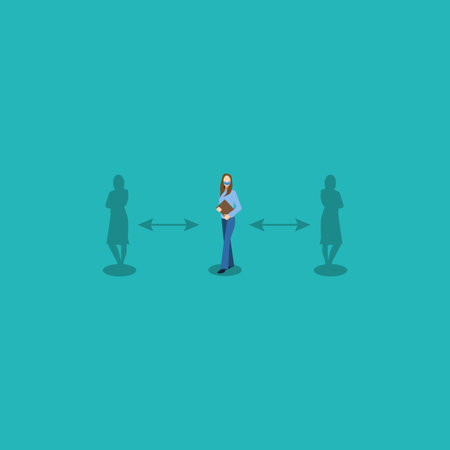 Social distancing, keep distance in public society people to protect COVID-19 coronavirus outbreak spreading concept, people keep distance away in the meeting with distance measure. - Vector illustrationのイラスト素材