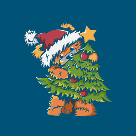 Cheerful bear with Christmas tree, colorful concept in vintage style isolated illustration. - Vector illustrationのイラスト素材