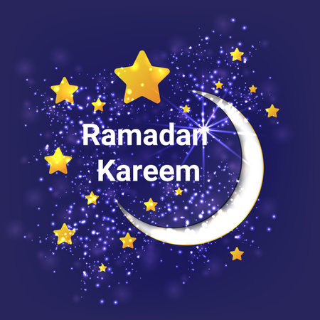 Ramadan Kareem poster or invitations design with 3d paper cut stars and moon on violet background.のイラスト素材