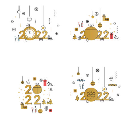 Business Happy New Year 2022 greeting card. 2022 year of the tiger. Set of four square krakats in...
