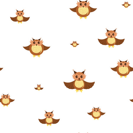 Seamless pattern with funny owls. Cheerful, creative character of an owl and an owlet. Patern for design.のイラスト素材