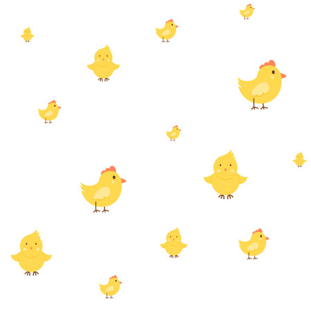 Seamless patern with funny chicken. Cheerful, creative chicken character. Patern for design.のイラスト素材