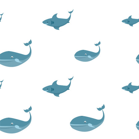 Seamless pattern with whale and shark marine life. Pattern for textiles, gift wrapping.のイラスト素材