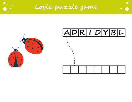 Logic puzzle game. Learning words ladybug in english. Find the hidden name. Activity page for study English. Game for children.のイラスト素材
