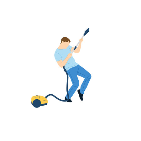 The man is vacuuming. The man imitates playing the guitar.のイラスト素材
