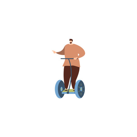 Happy guy riding electric scooter vector illustration. Fun spare time flat style. Active sports using electric vehicles and touristic entertainment concept. Isolated on beige background.のイラスト素材